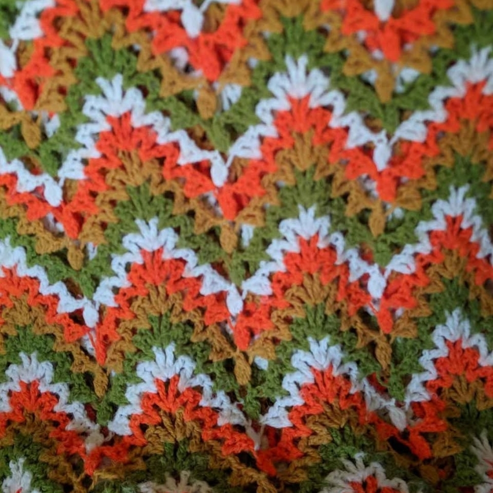 Handmade Crochet Blanket in Orange, Olive & White